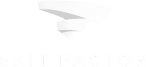 Logo featuring the words "EXIT FACTOR" in white text below an abstract, triangular design in various shades of white. The background is transparent.