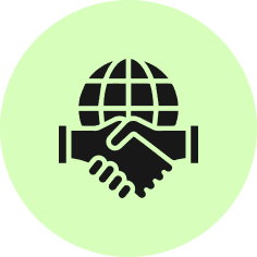 Icon of two hands shaking with a globe in the background, symbolizing global partnership or international cooperation.