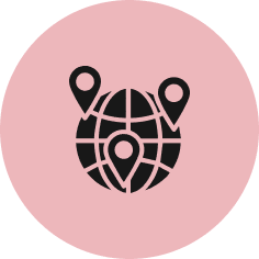 A black icon of a globe with three location pins within a pink circular background.