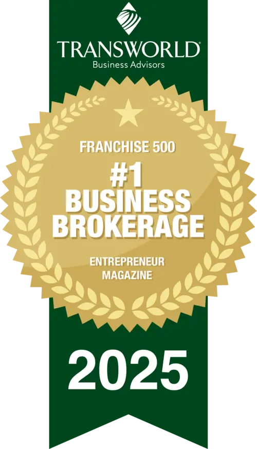 Award badge with "Transworld Business Advisors," "Private 100," "South Florida Business Journal," and "2024" in gold on a green ribbon background.