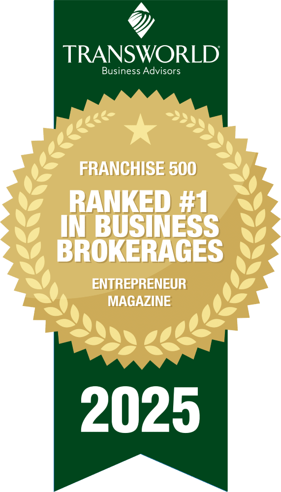 Award badge with "Transworld Business Advisors," "Private 100," "South Florida Business Journal," and "2024" in gold on a green ribbon background.