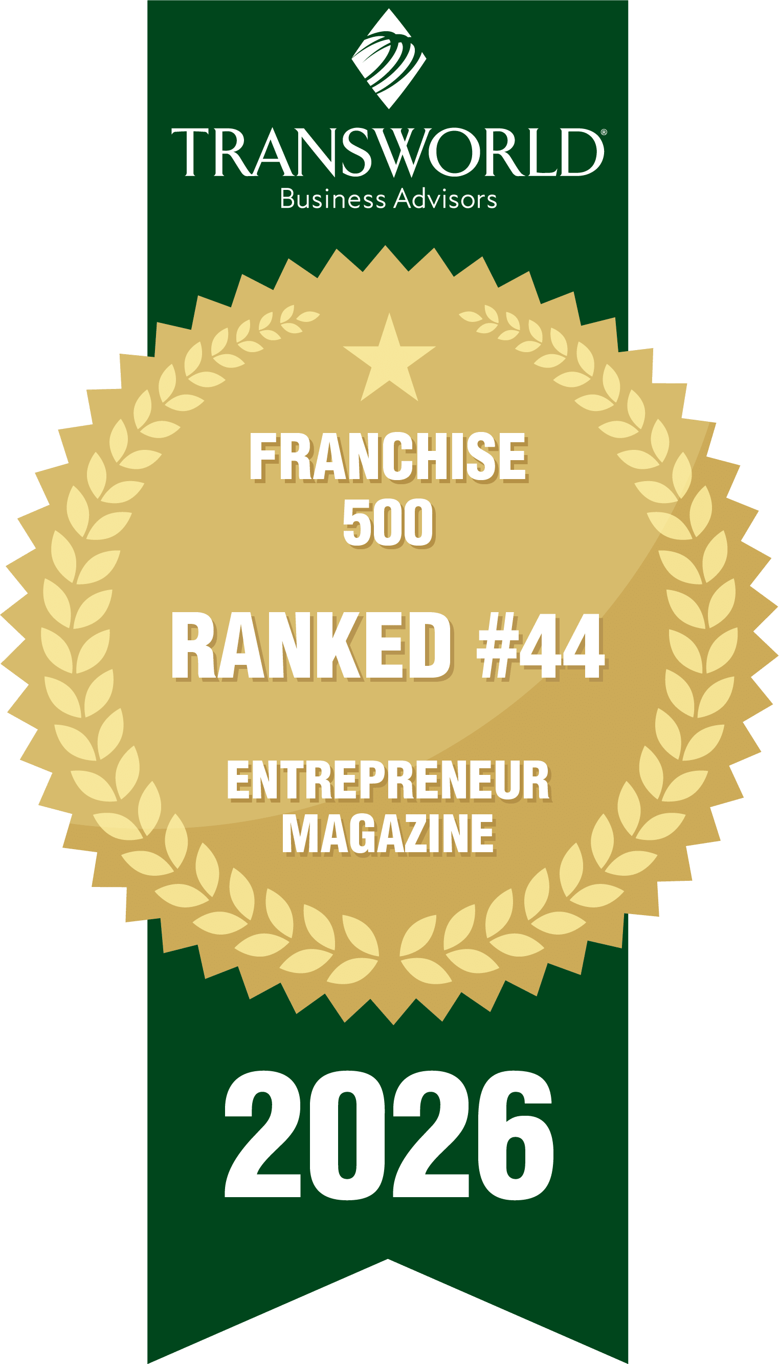 Award badge with "Transworld Business Advisors," "Private 100," "South Florida Business Journal," and "2024" in gold on a green ribbon background.