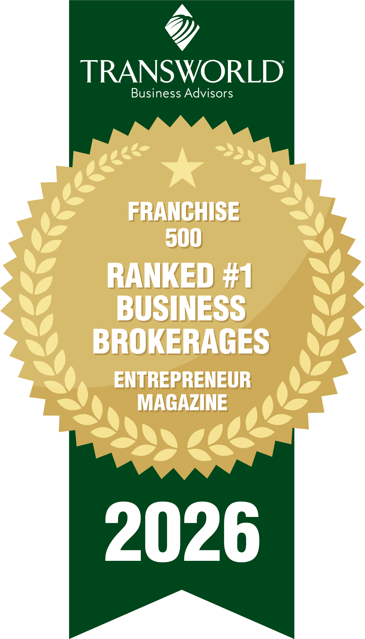 Award badge with "Transworld Business Advisors," "Private 100," "South Florida Business Journal," and "2024" in gold on a green ribbon background.